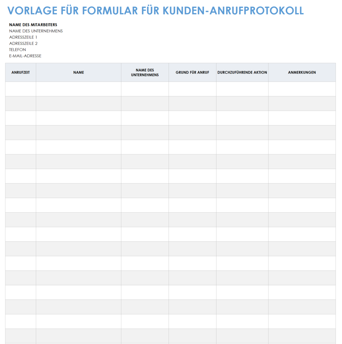  Formularvorlage für das Kundenanrufprotokoll