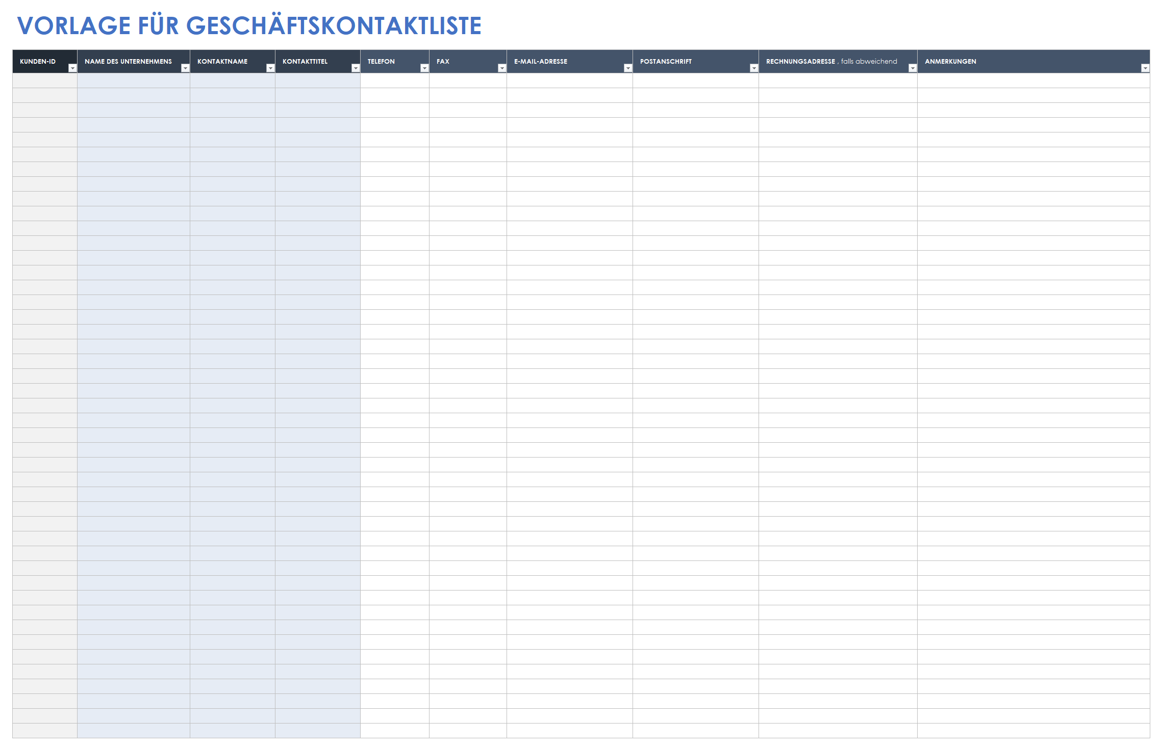 Vorlage für eine Geschäftskontaktliste