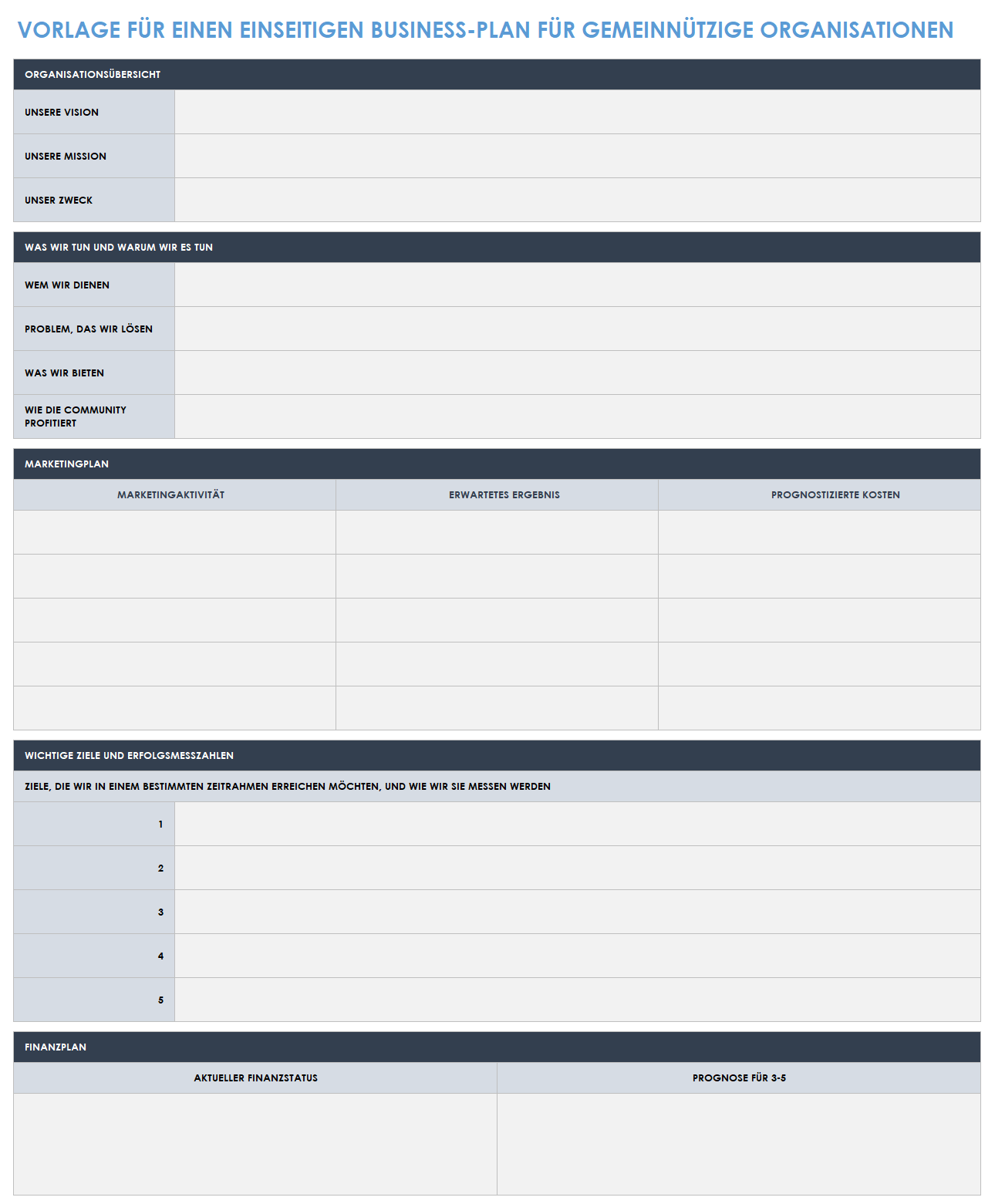  Vorlage für einen einseitigen Geschäftsplan für gemeinnützige Organisationen