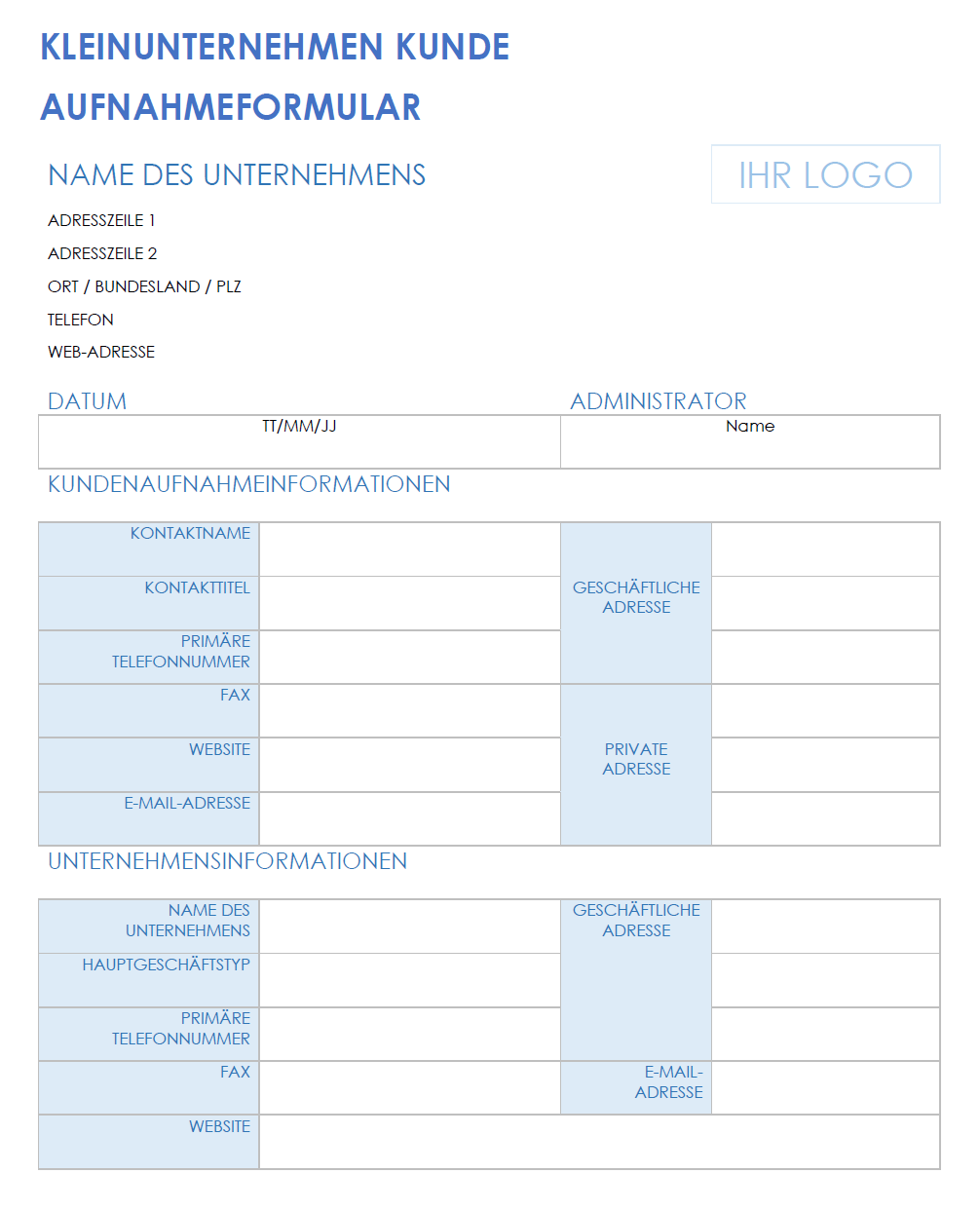  Vorlage für das Aufnahmeformular für Kleinunternehmenskunden