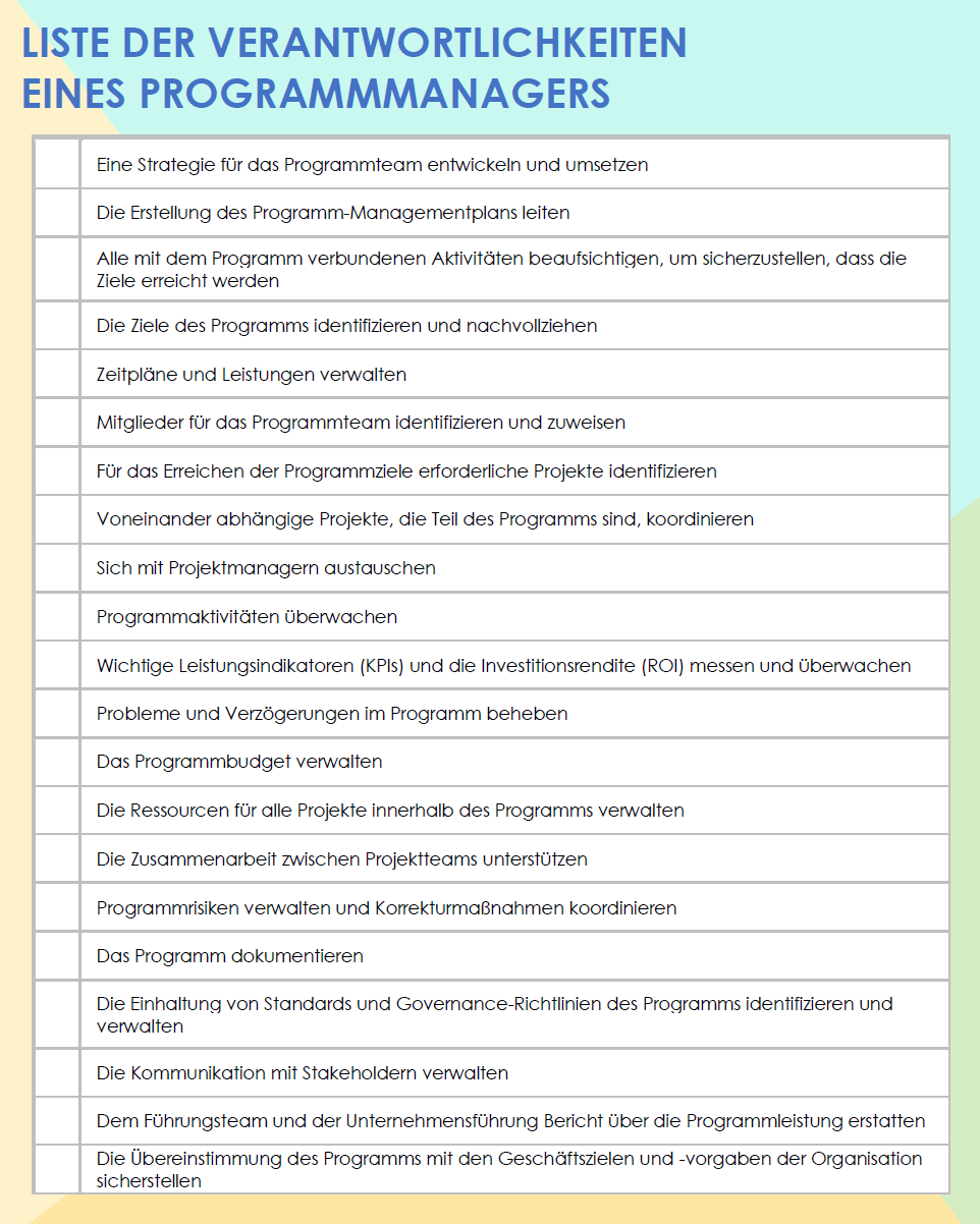 Liste der Verantwortlichkeiten des Programmmanagers