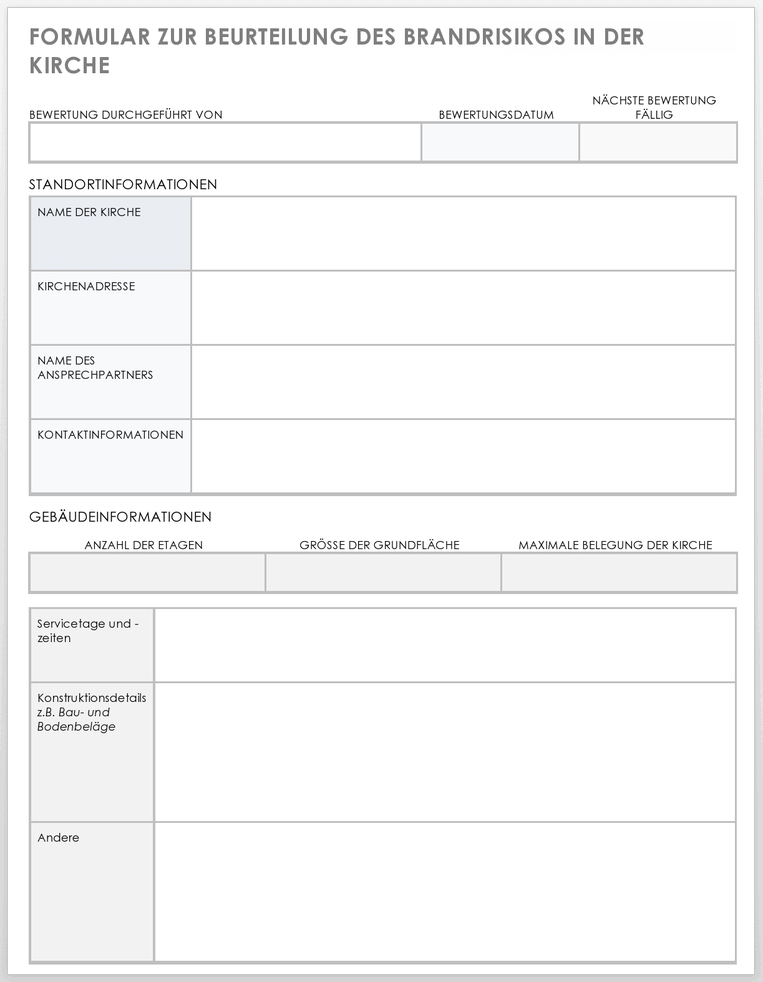Vorlage für das Formular zur Bewertung des Brandrisikos in der Kirche