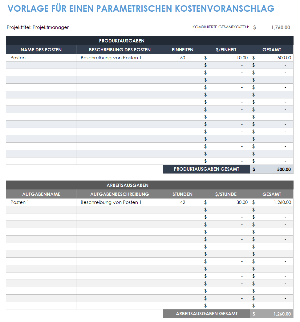 Vorlage für eine parametrische Projektkostenschätzung
