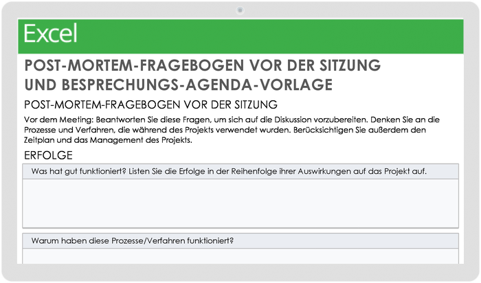  Postmortem-Fragebogen vor dem Meeting und Vorlage für die Tagesordnung des Meetings