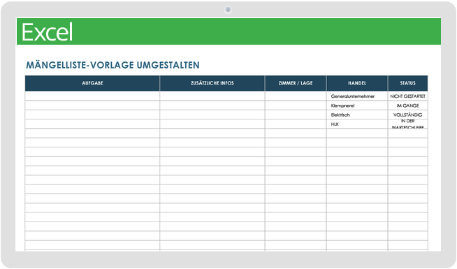 Mängellistenvorlage umgestalten