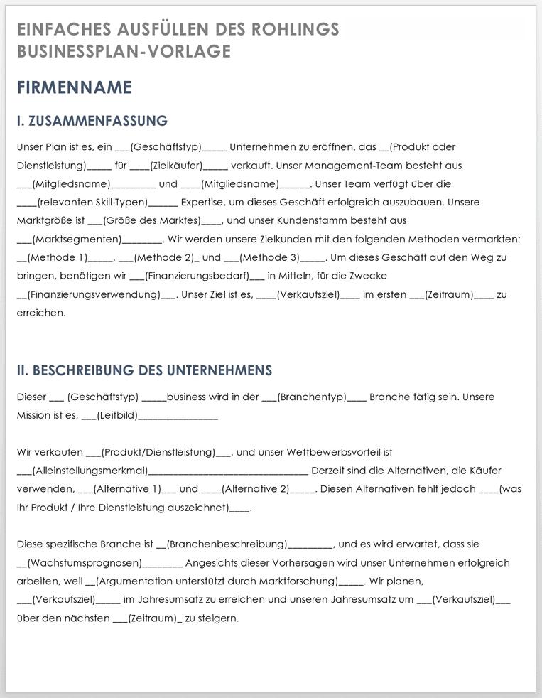 Füllen Sie einfach die leere Businessplan-Vorlage aus
